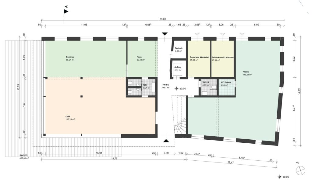 Die ist der erste Flächenplan. So in etwa könnte der Grundriss später aussehen. - Hier: Öffentliches Gebäude, Obergeschoss.