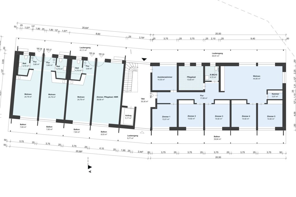 Die ist der erste Flächenplan. So in etwa könnte der Grundriss später aussehen. - Hier: Wohngebäude, Obergeschoss.